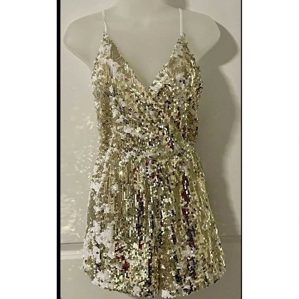 L'Atiste Formal Romper Womens Gold Party Club Sequin Size Small S Bachelorette - Picture 3 of 9